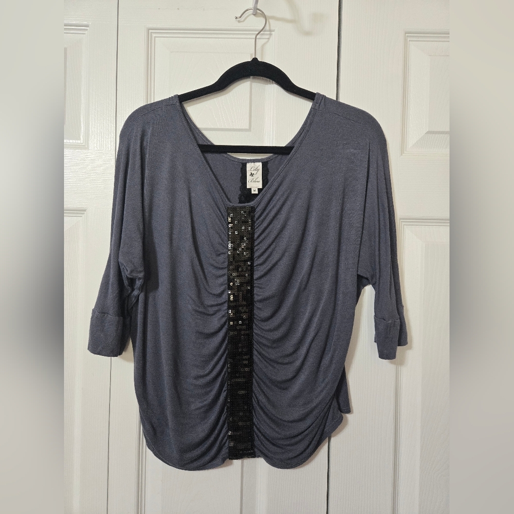 Gray Top With Sequin Details, Size Medium, Excellent Condition
